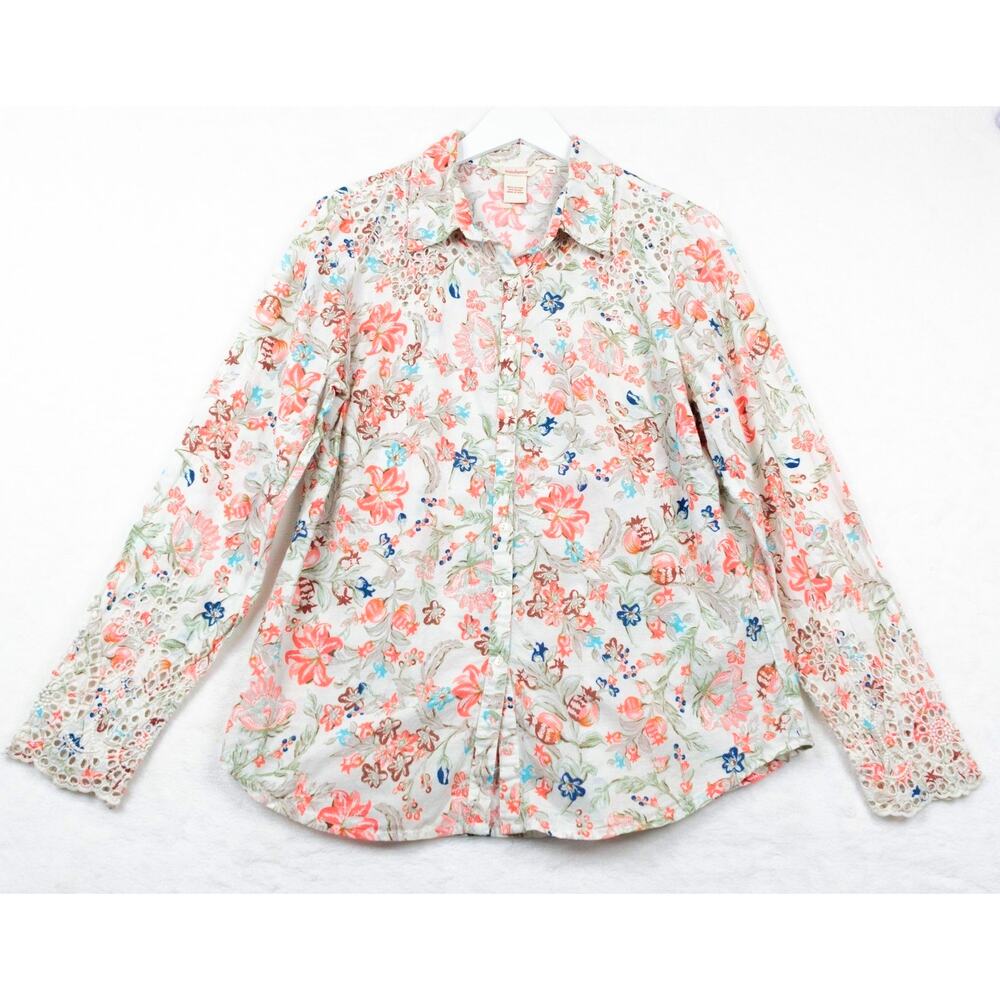 SUNDANCE Wildflower Floral Eyelet Lace Trimmed Blouse Button Up Cottagecore Sz M